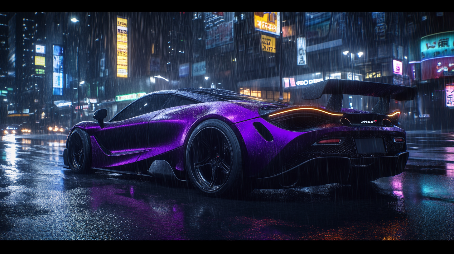 Supercar in video game style on rainy city street