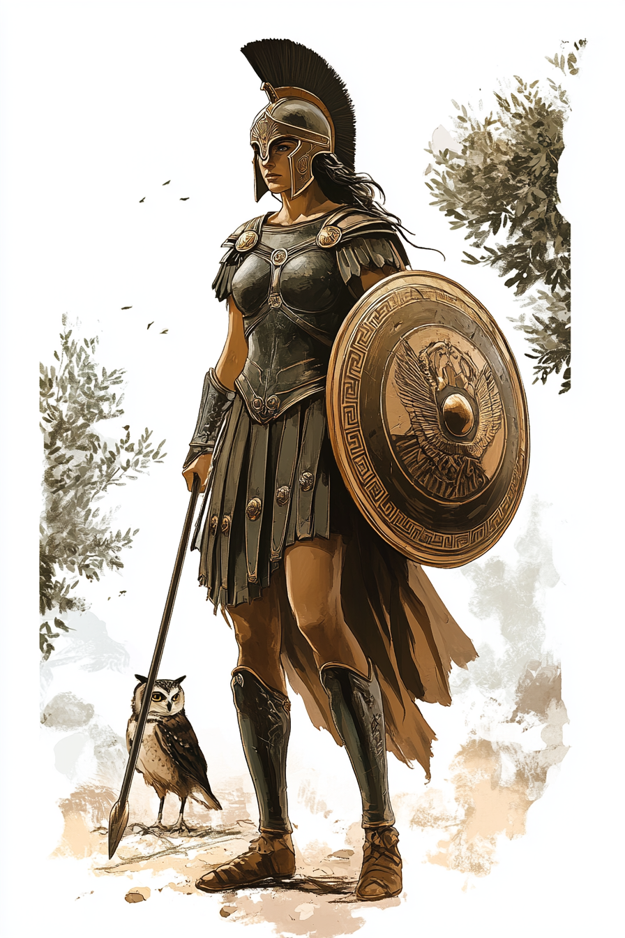 Superhero Athena/Minerva in armor with owl and spear.