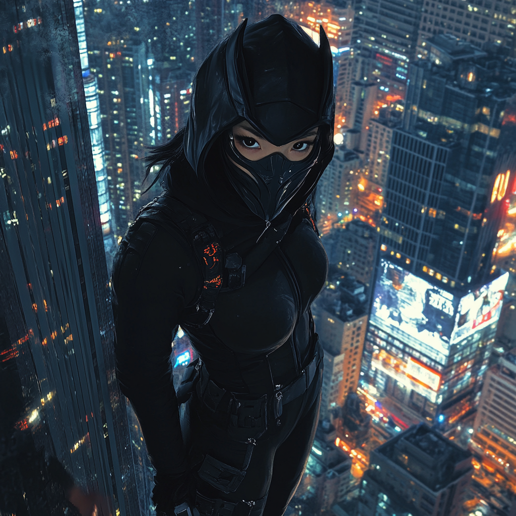 Superhero Girl with Dragon Mask in City Night