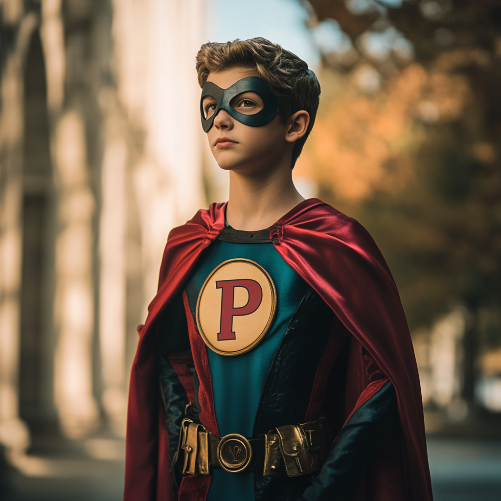 Superhero college boy in Pi symbol costume, realistic image.