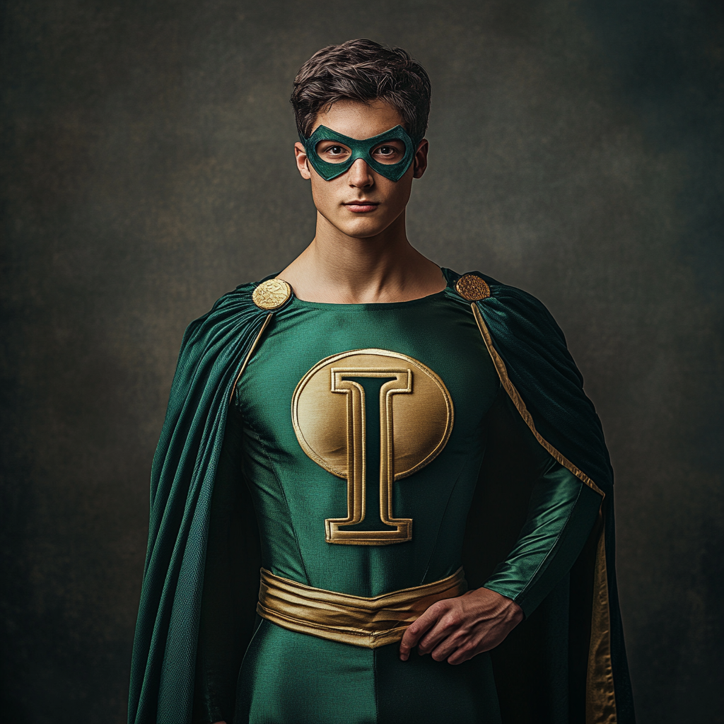 Superhero college boy with Pi symbol costume, showing intelligence.