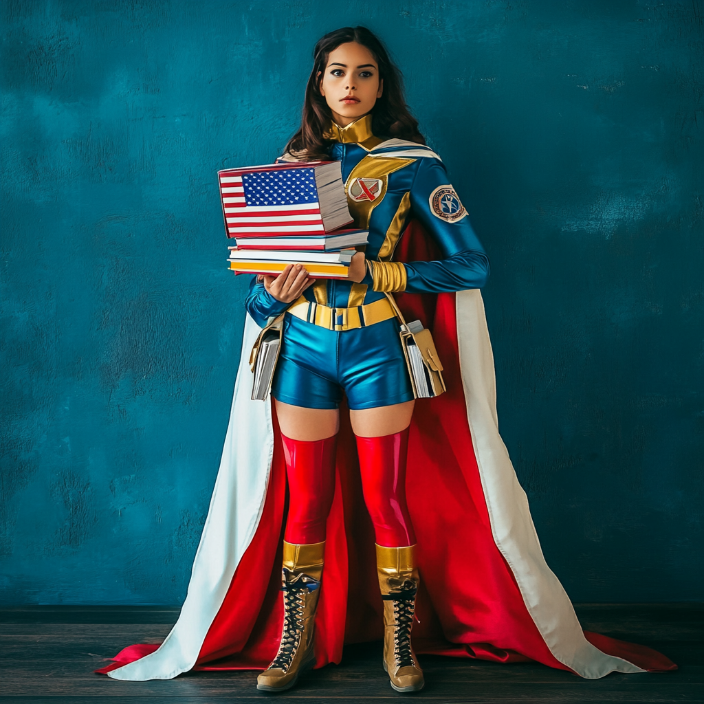 Superhero costume with school-themed accessories, dynamic and colorful.