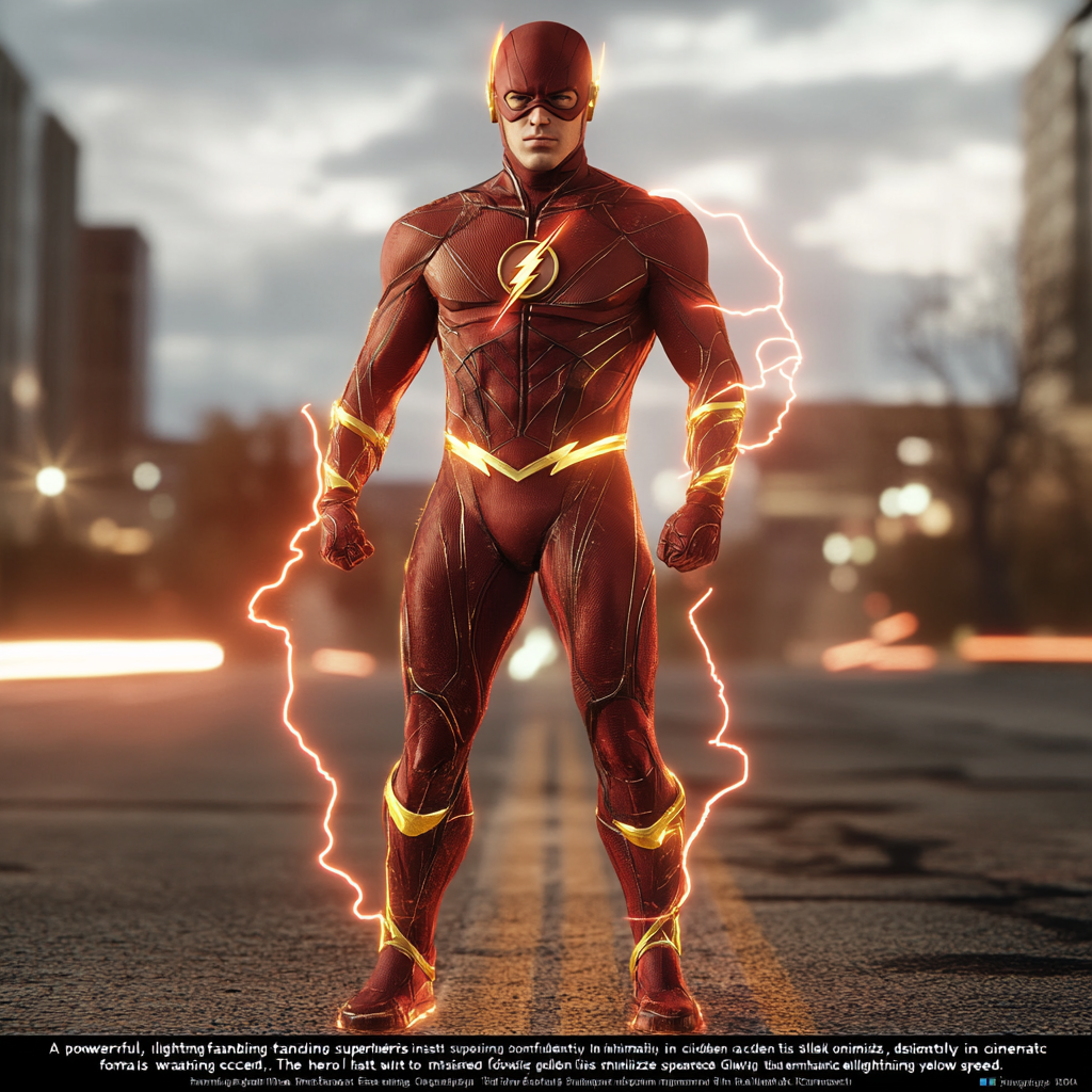 Superhero in red suit with lightning superpowers in city.