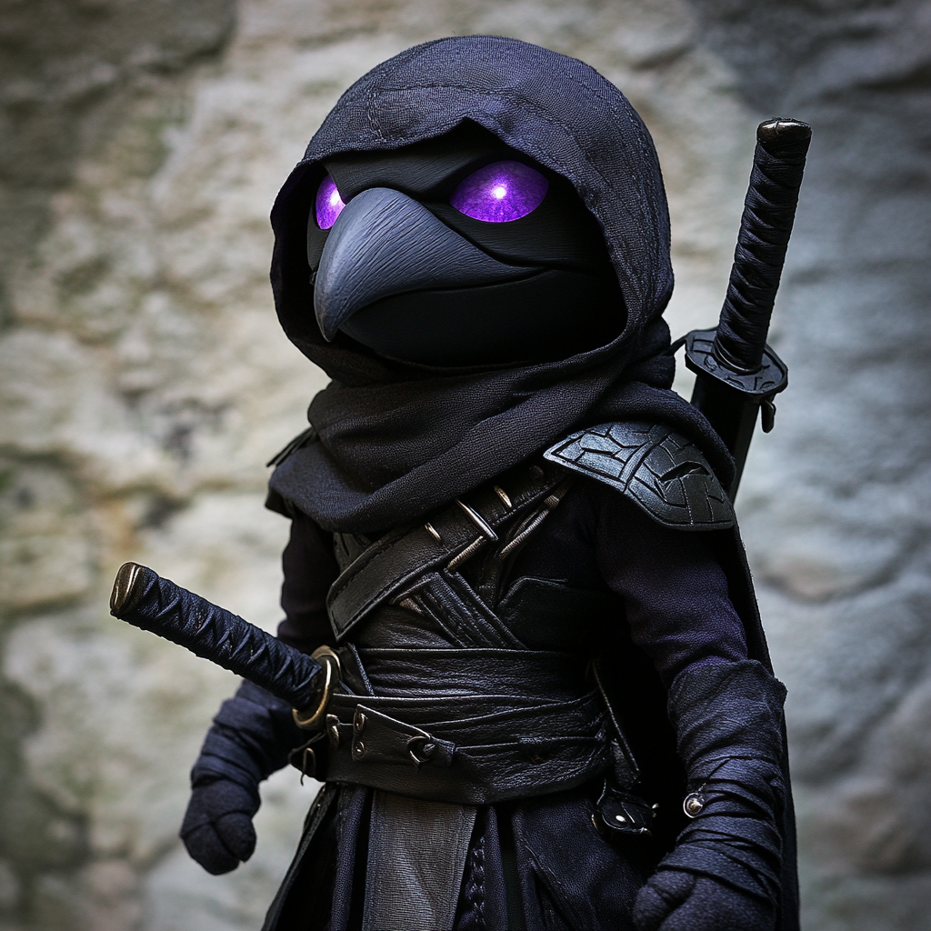 Superhero muppet puppet with black armor and katana toy.