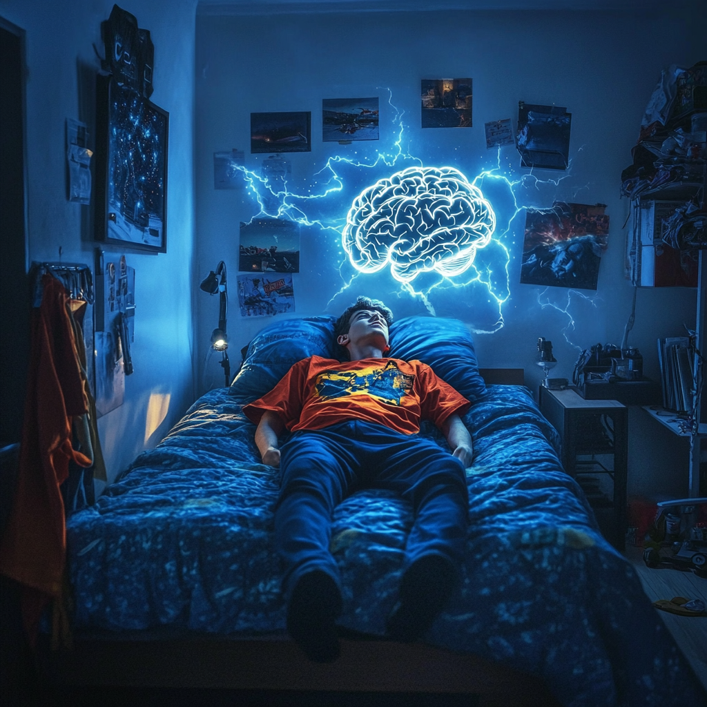 Superhero with sleeping powers asleep in college dorm room.