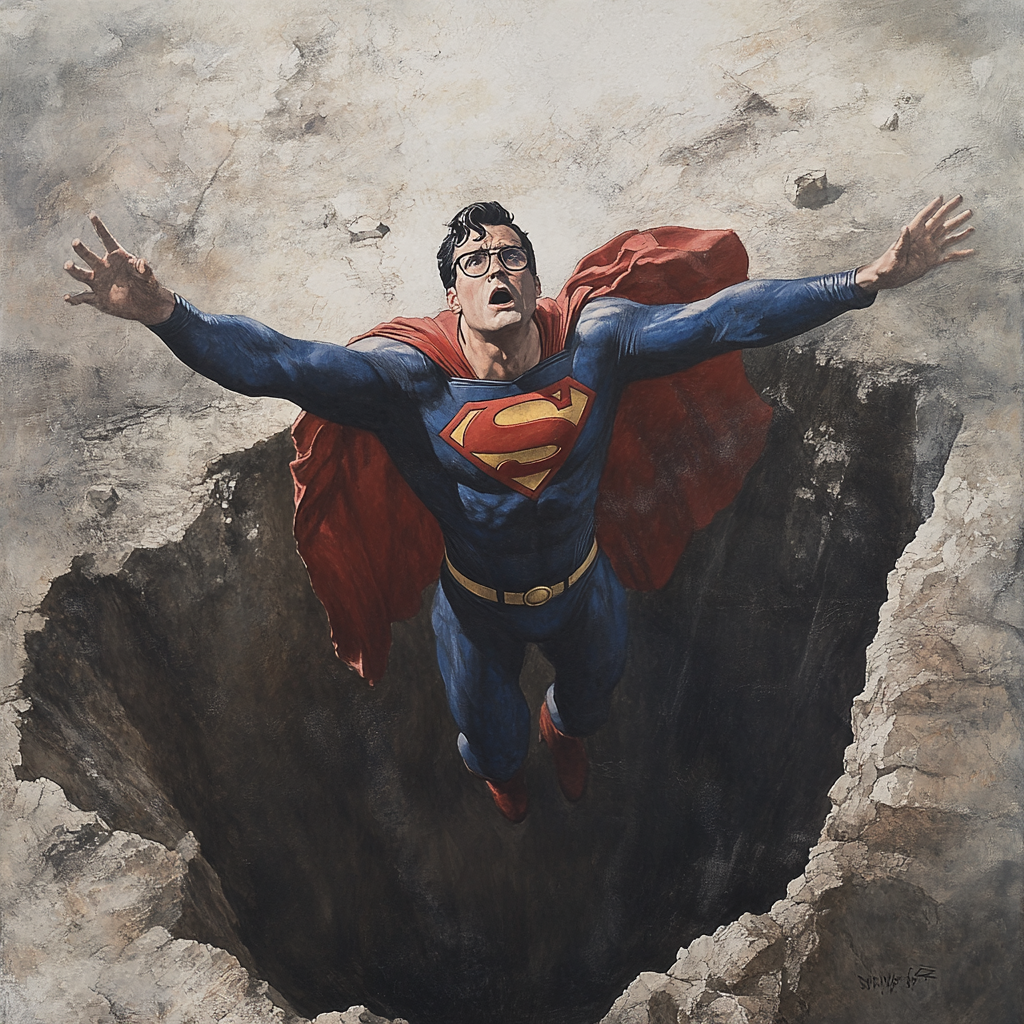 Superman falling into well, shocked expression, billowing cape.