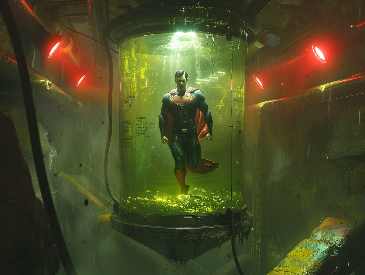 Superman floating in tank with green liquid, lab setting.