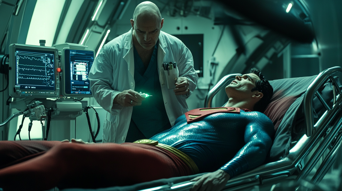 Superman in Agony on Medical Bed, Lex Luthor with Syringe