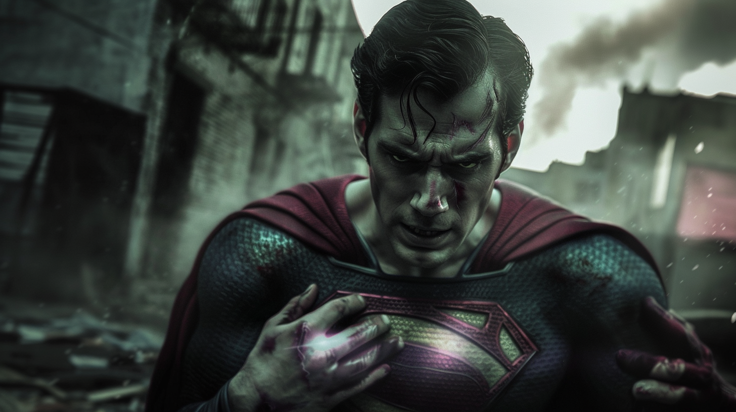 Superman looks scared at his sickly hands.