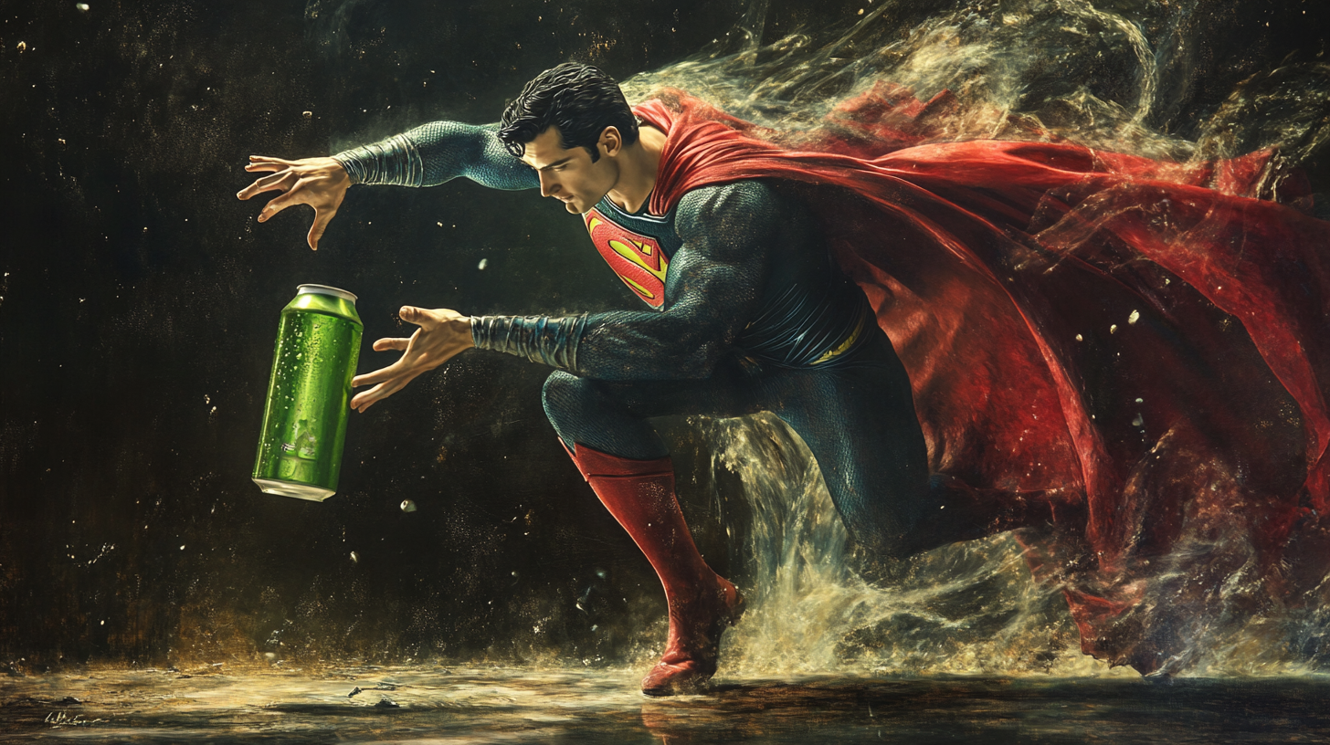 Superman reaching for glowing green soda can sky