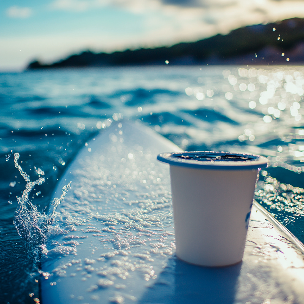 Surfboard with cargo mounts and cup holder on beach.