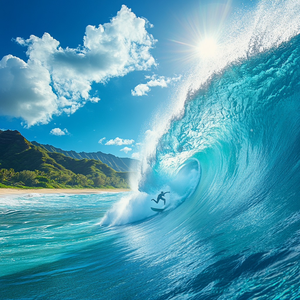 Surfer conquering huge Hawaiian wave under clear blue sky.