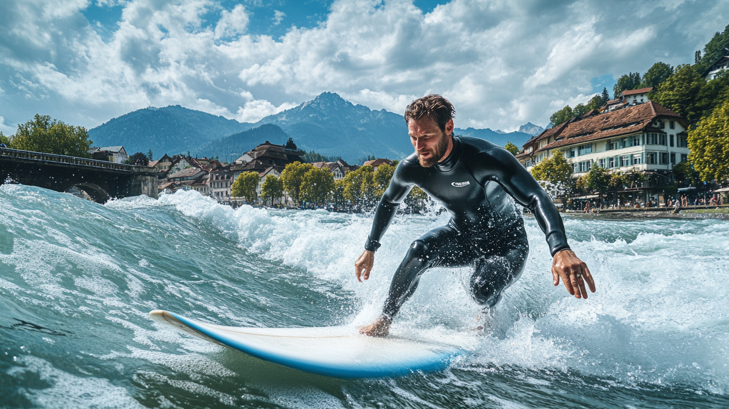 Surfer in Thun, determined and energetic on river.