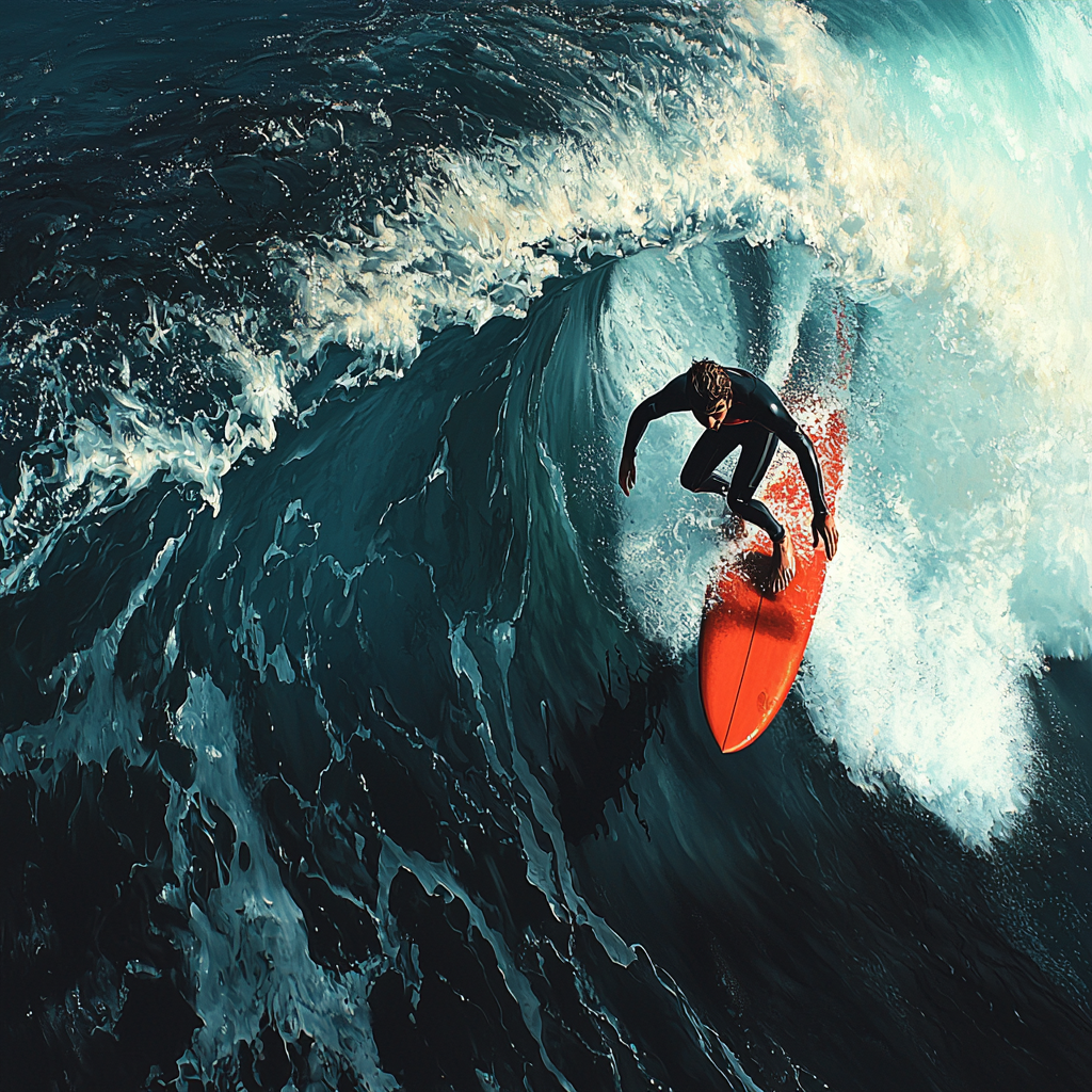 Surfer in black wetsuit riding big wave on red surfboard.