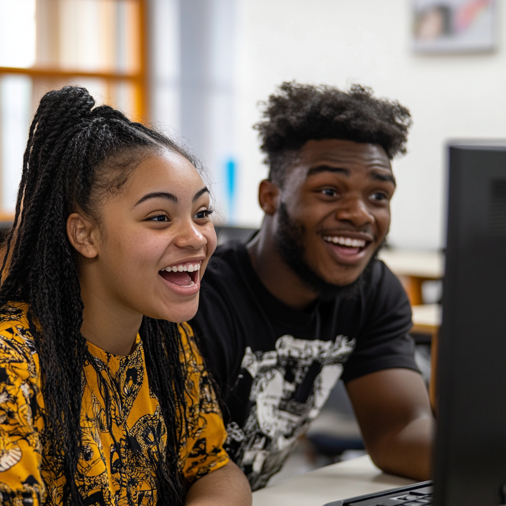 Surprised Caribbean students on Zoom call in class.