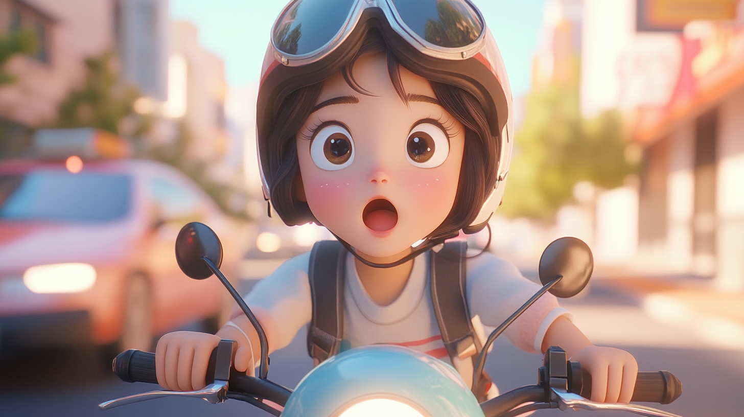 Surprised Korean character on motorcycle with Disney style