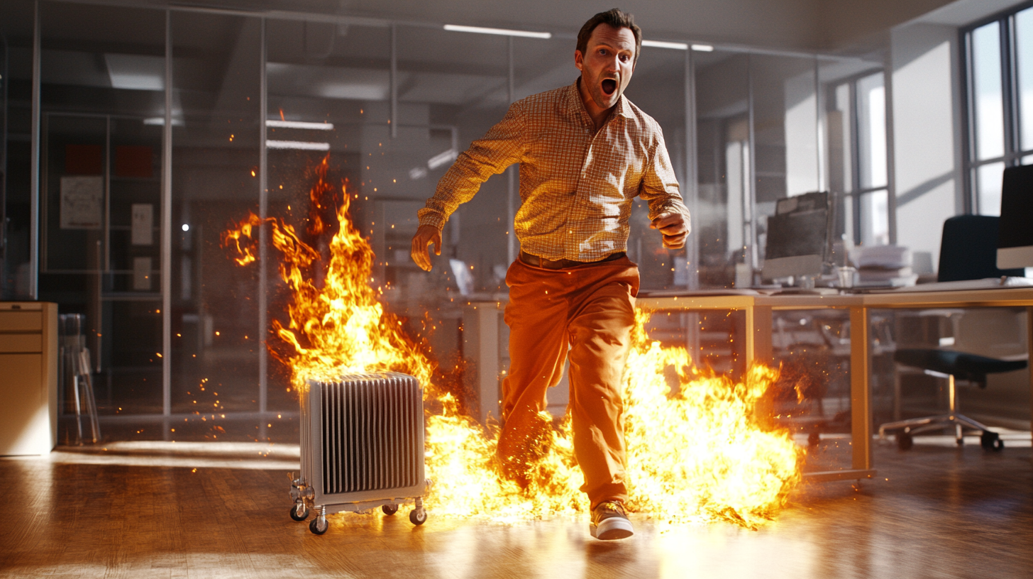 Surprised Man's Pants on Fire in Bright Office