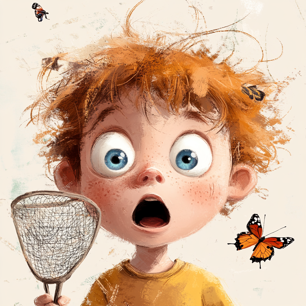 Surprised Micky catching butterfly in children's book illustration.