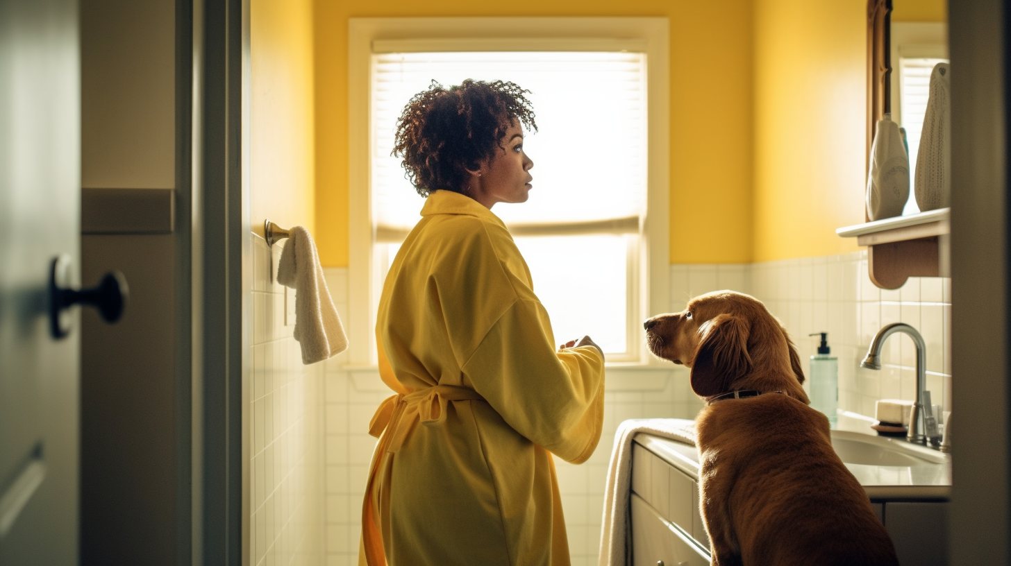 Surprised Woman Finds Scientist in Upscale Bathroom