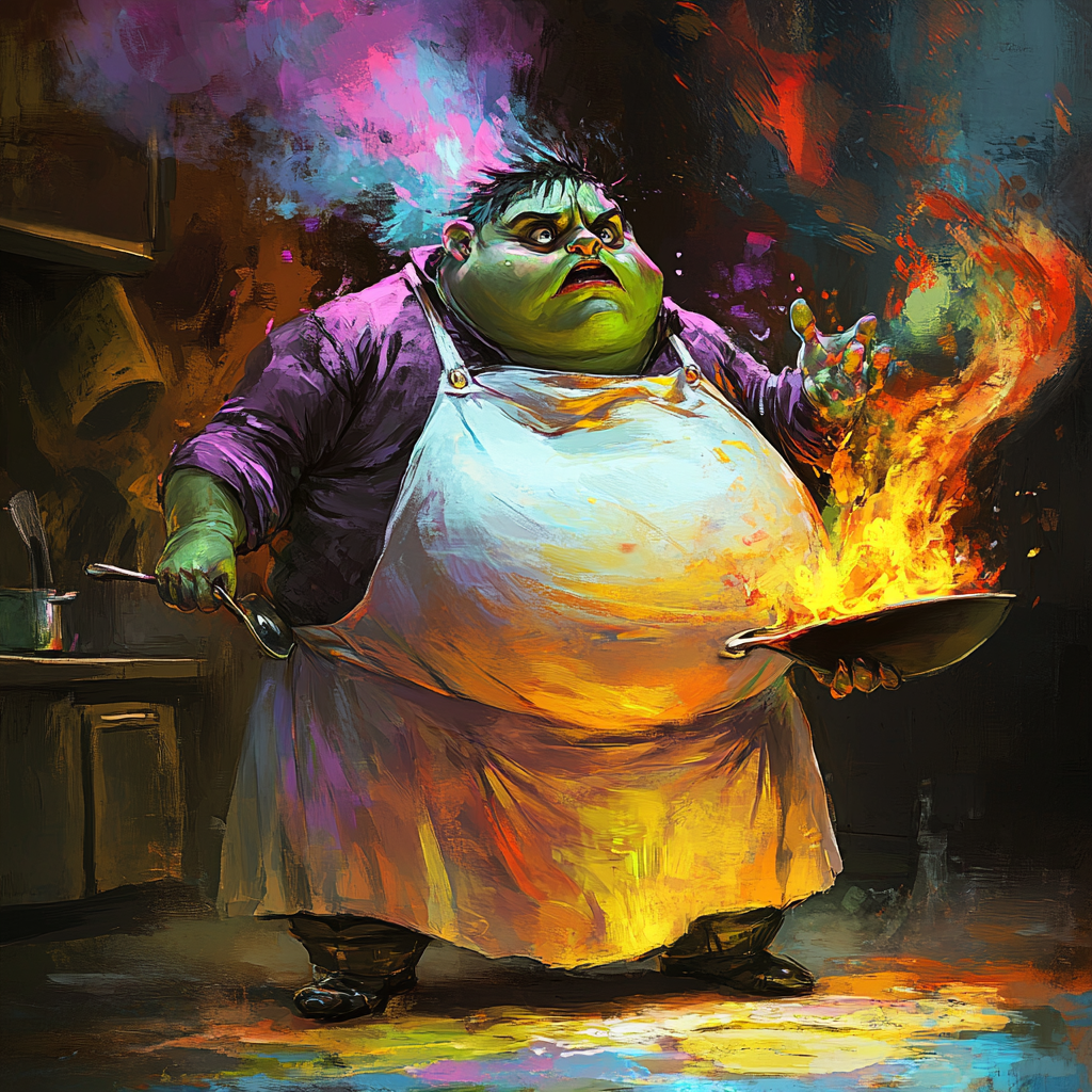 Surprised chubby chef with green skin cooking in kitchen.