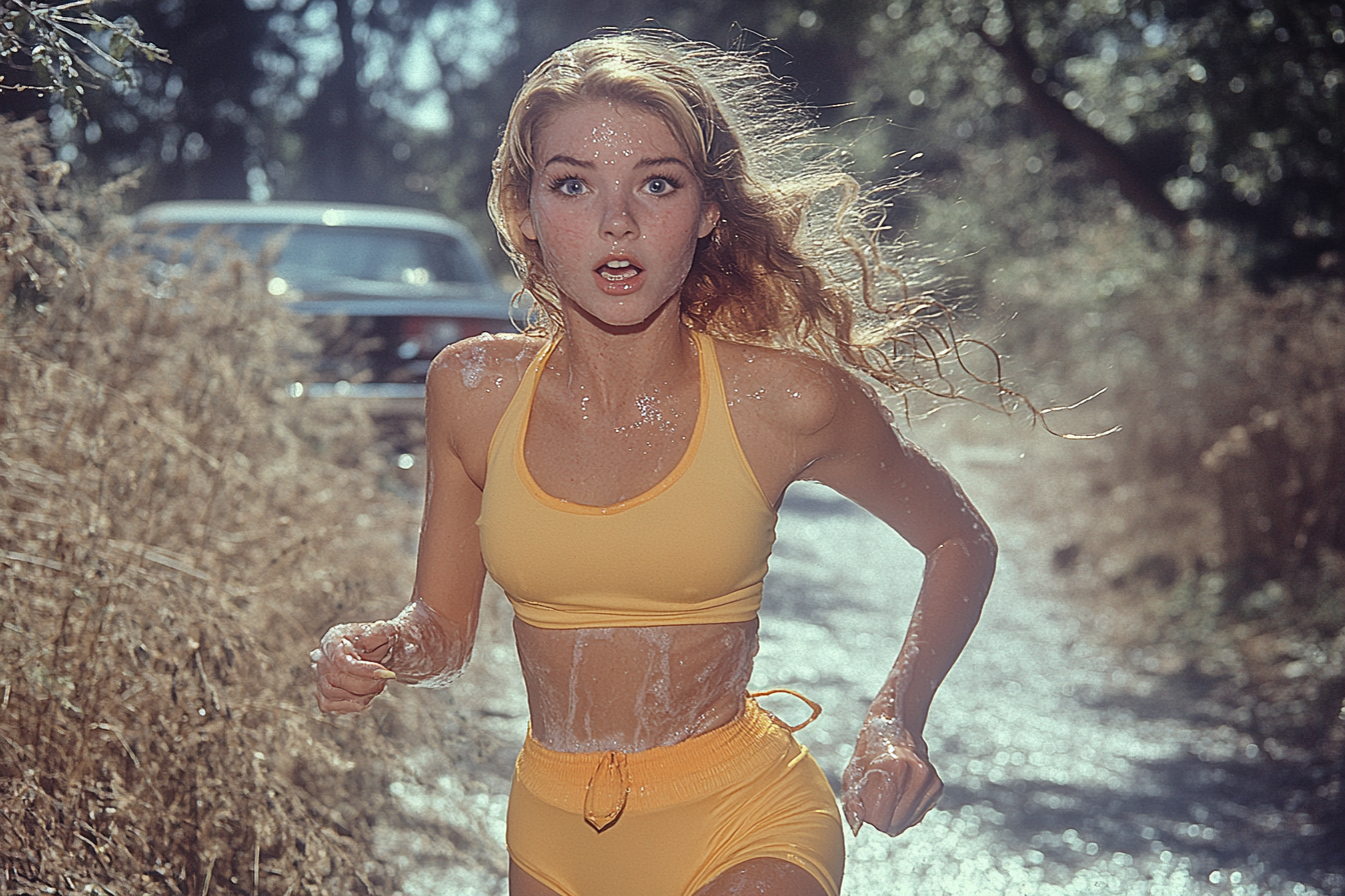 Surprised girl in yellow shorts slimed in park.