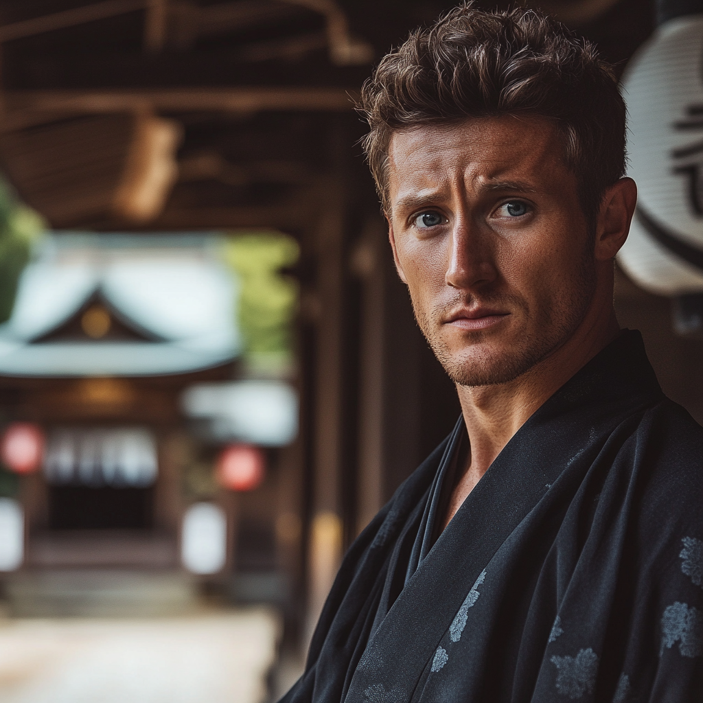 Surprised man in black kimono at Japanese wedding.