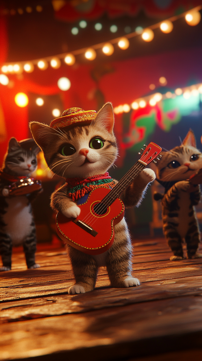 Surprised tabby cat joins mariachi cats on stage.