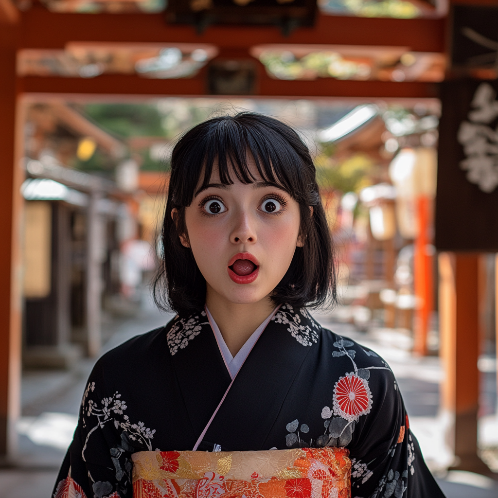 Surprised woman in beautiful kimono at Japanese shrine.