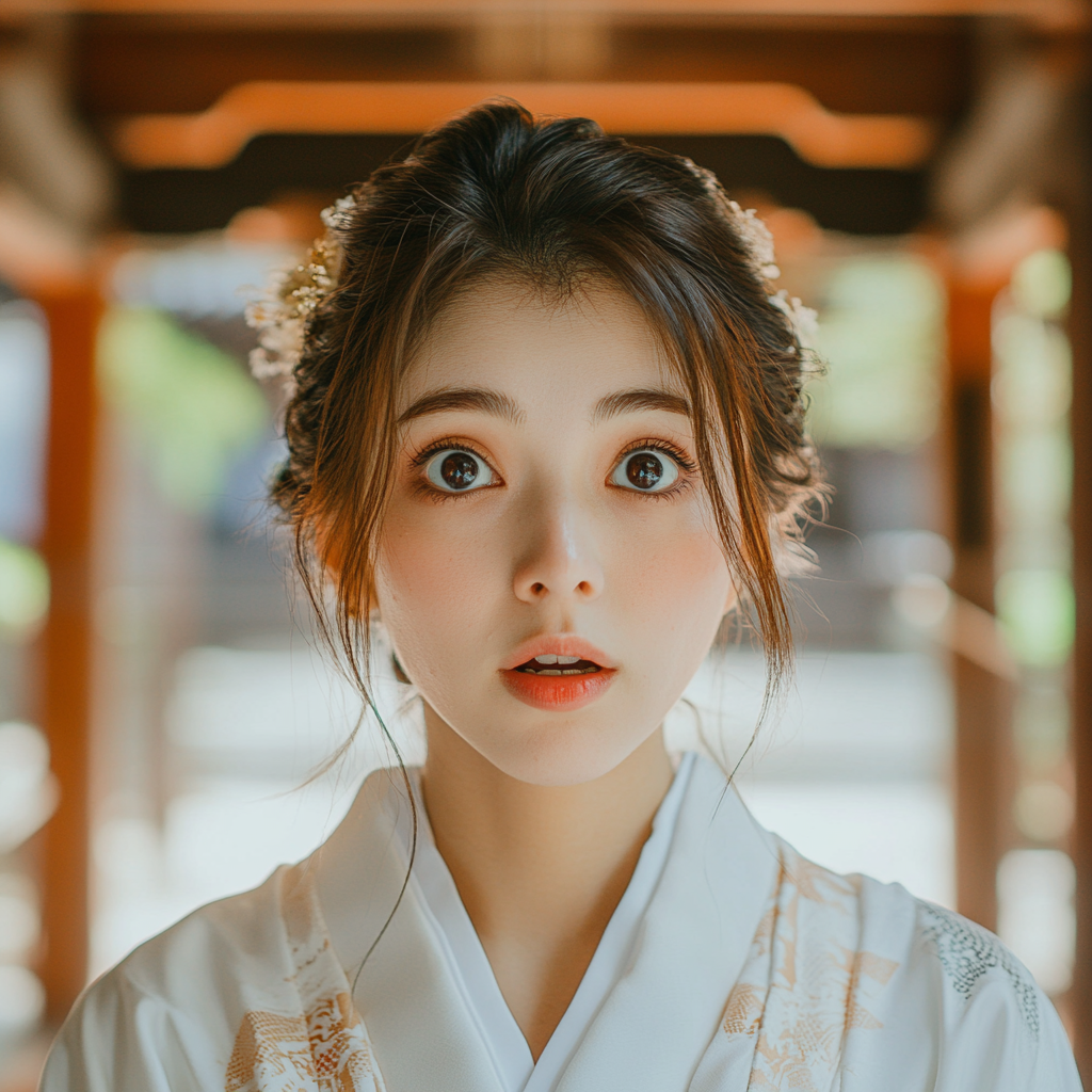 Surprised woman in traditional Japanese wedding kimono at shrine.