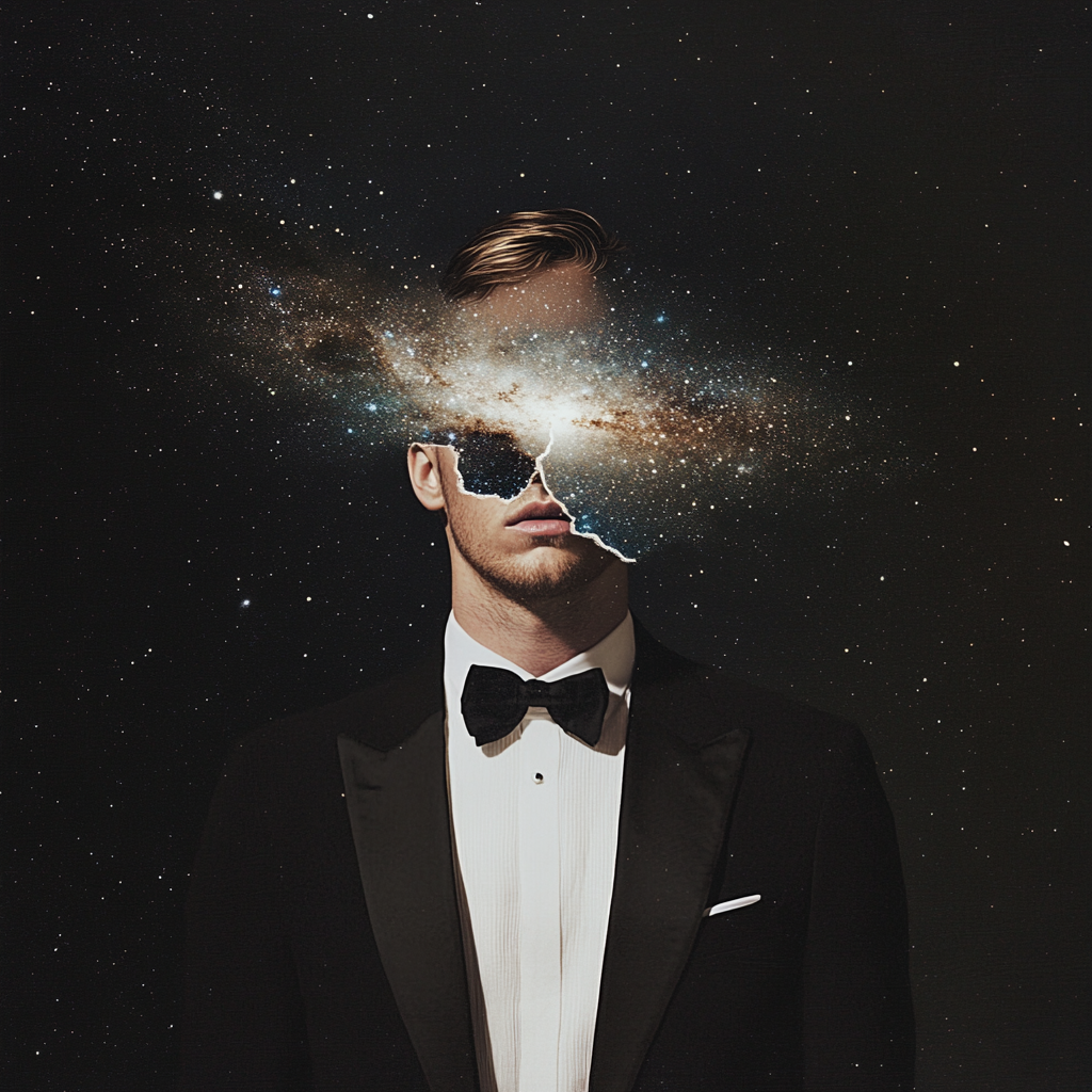 Surreal, minimalist collage with man in tuxedo, floating head.