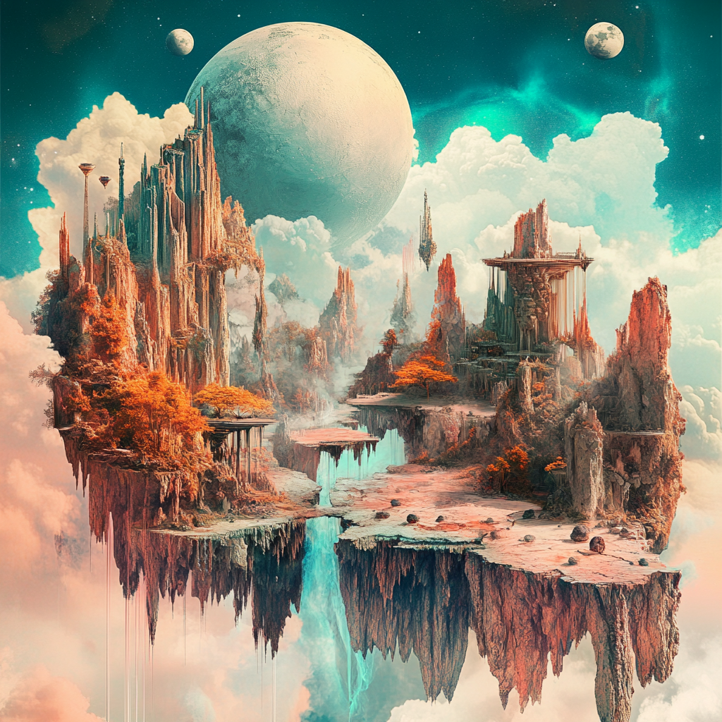 Surreal Album Cover with Floating Islands and Dreamlike Skies