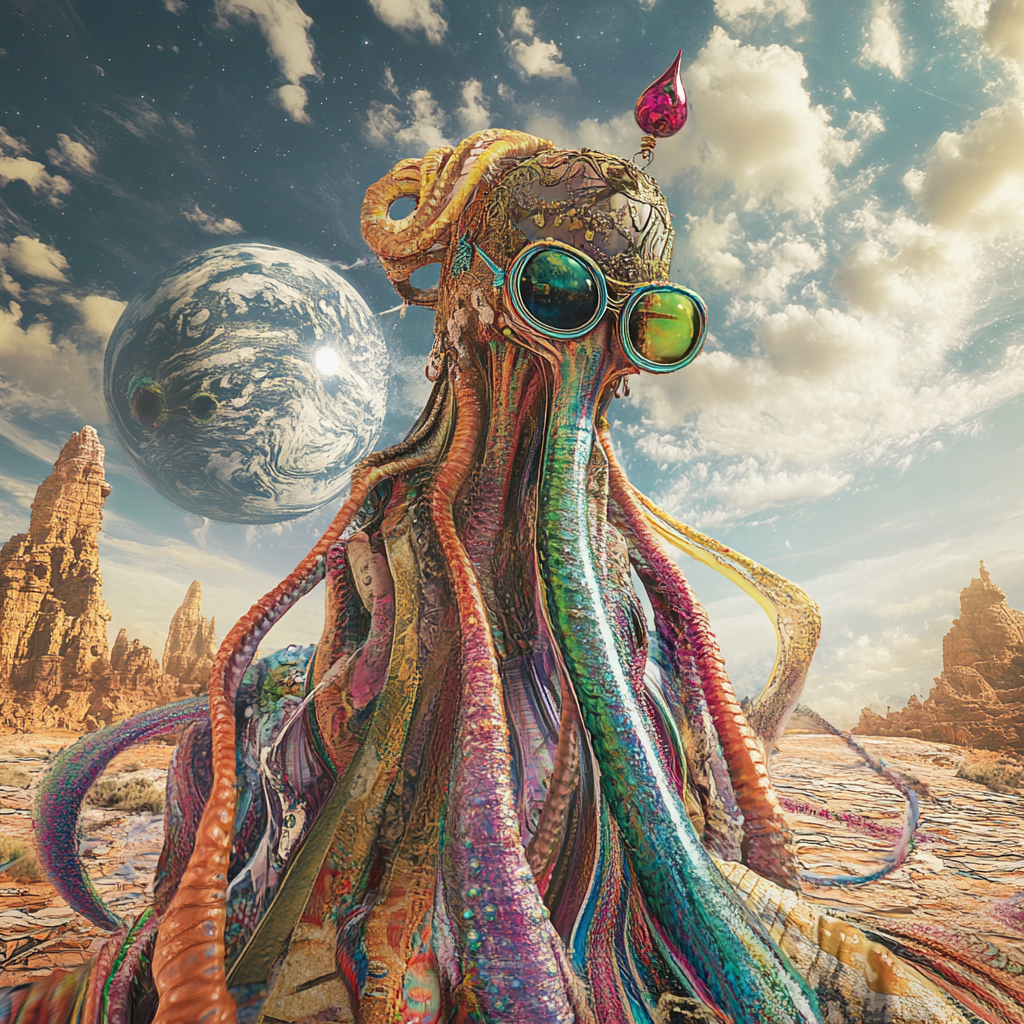 Surreal Alien Creature with Colored Tentacles Fantasy Sky