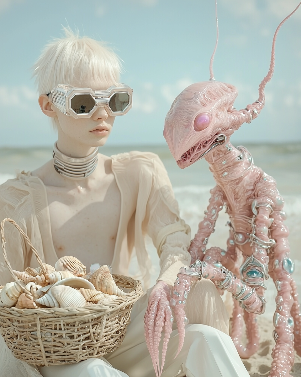 Surreal Beach Scene: Futuristic Fashion with Alien Companion