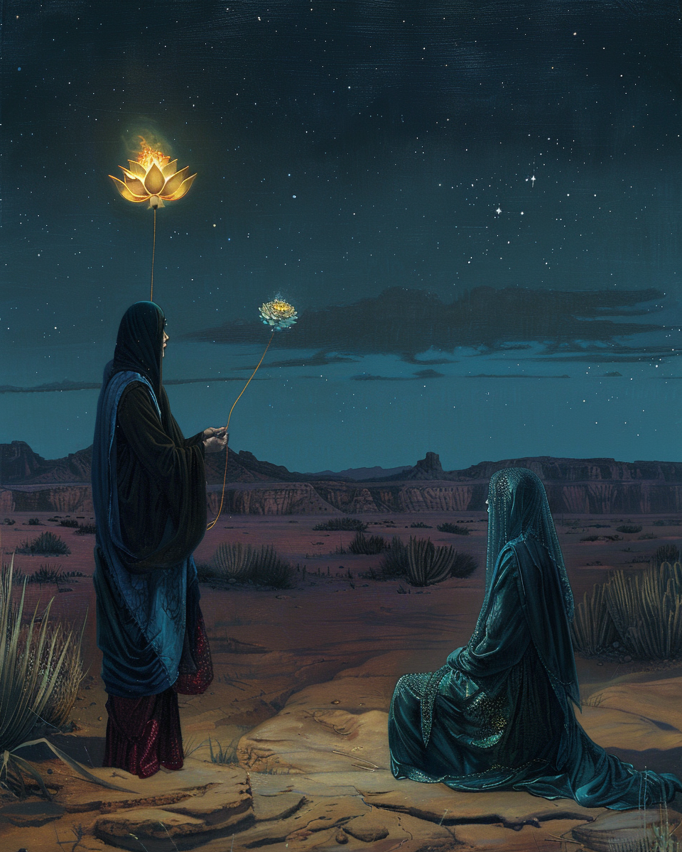 Surreal Desert Night Scene with Man and Woman