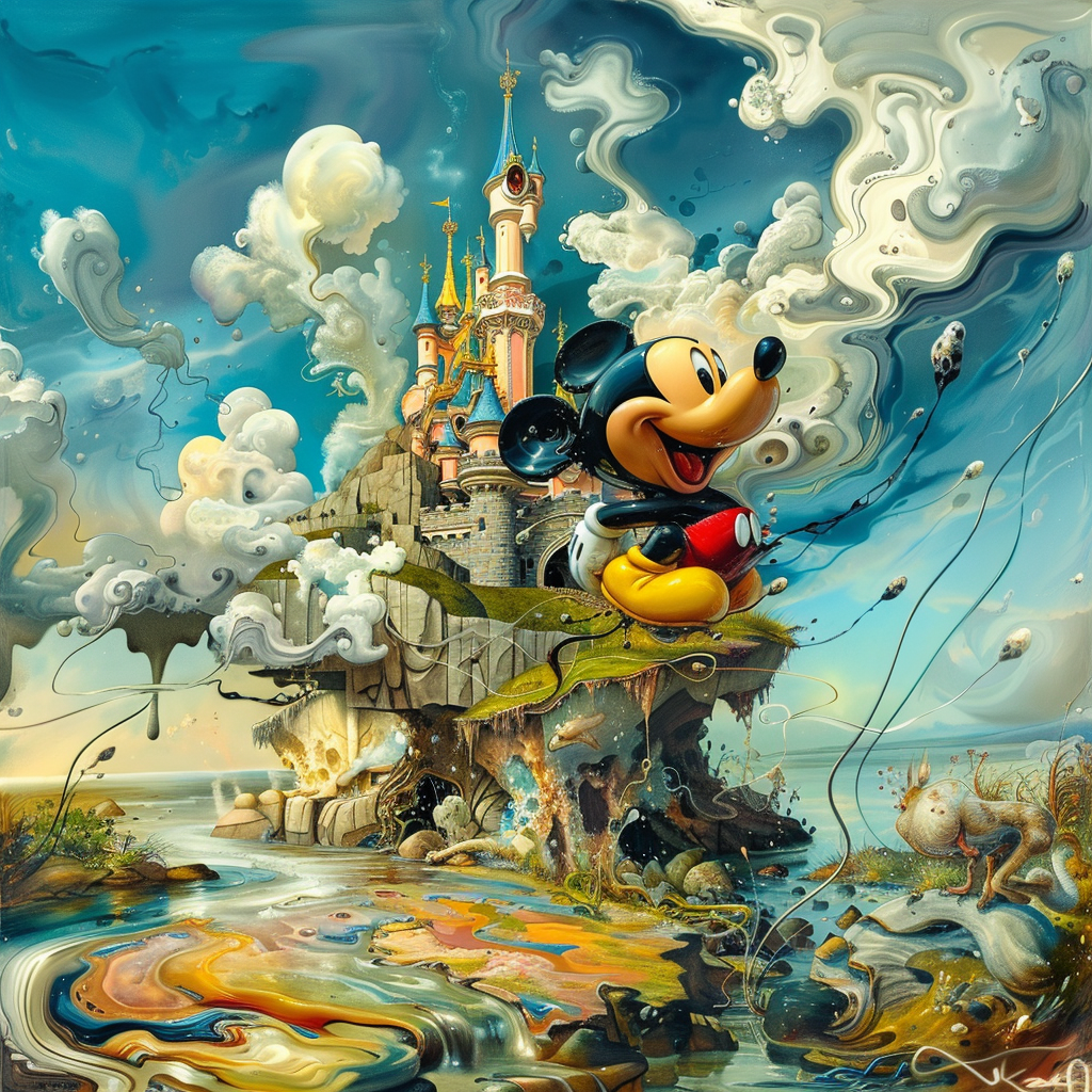 Surreal Disney characters in Dalí-style landscapes. Vibrant, twisted fantasy.