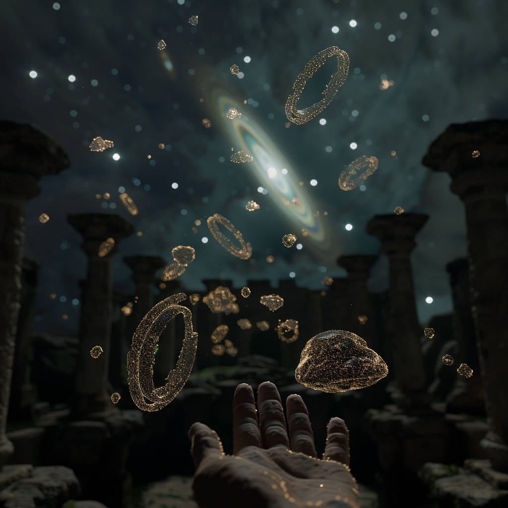 Surreal Galaxy Sky with Ancient Ruins and Stone Hands