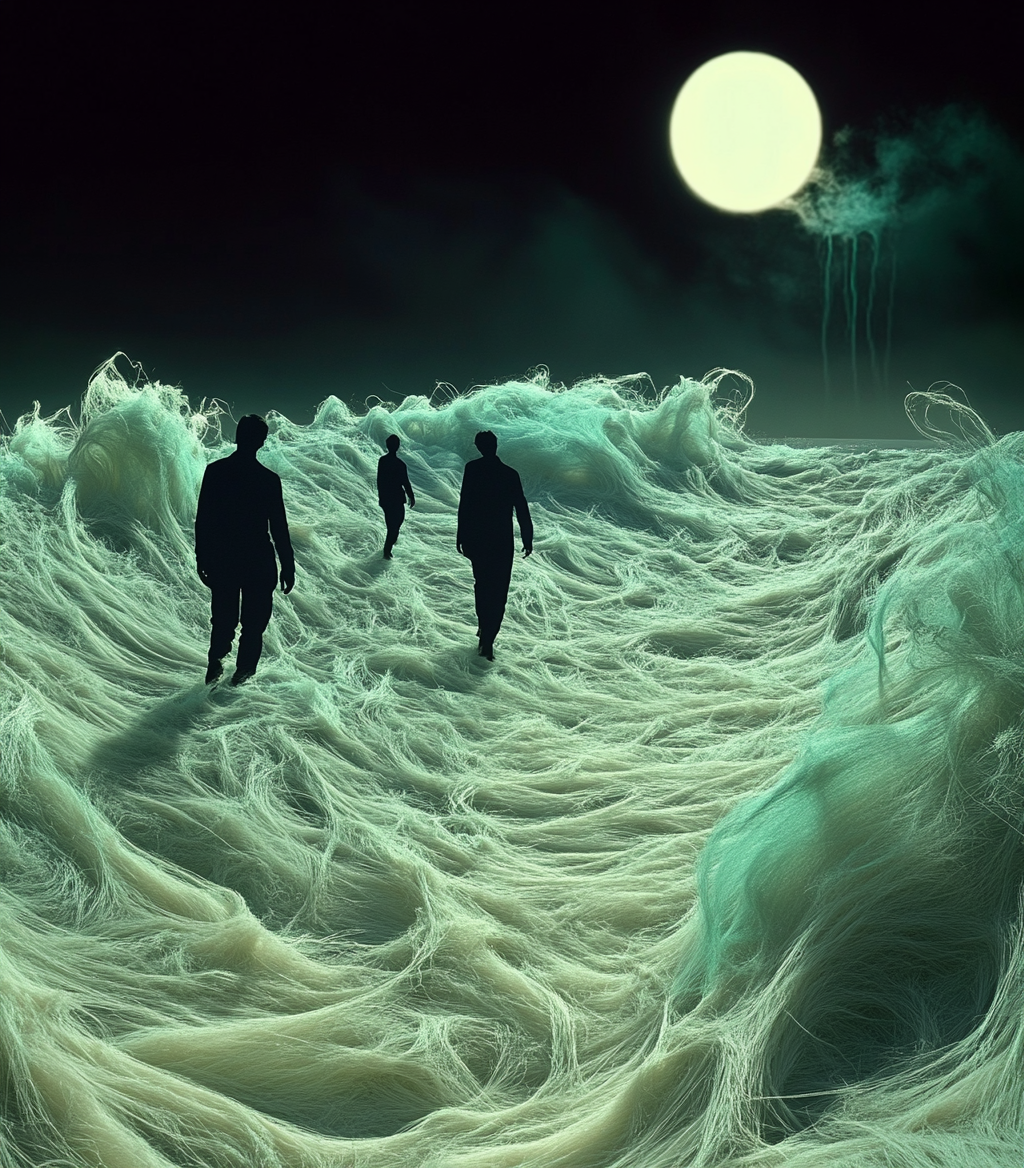 Surreal Men Walking on Fur Ocean with Black Sky