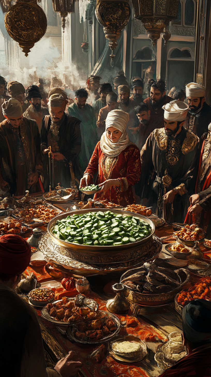 Surreal Ottoman sultan's court, wife served cucumbers, opulence-absurdity