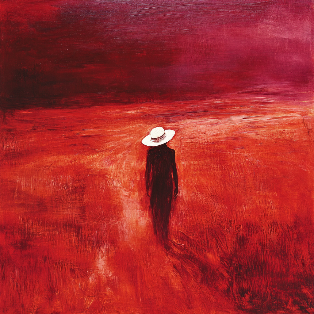 Surreal Solitary Figure in Crimson Landscape - Stock Photo