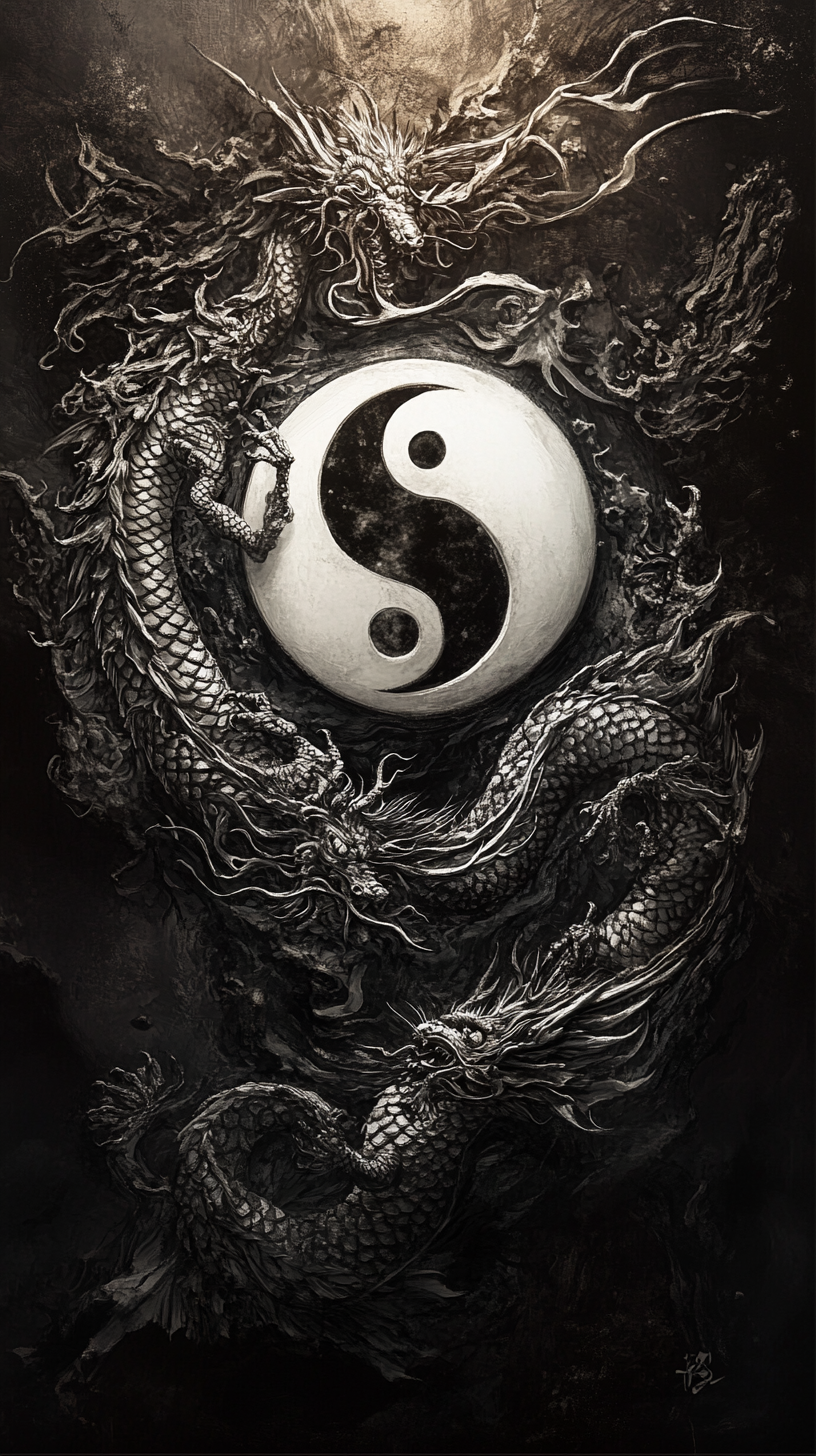 Surreal Yin Yang Symbol with Dragon and Phoenix Designs