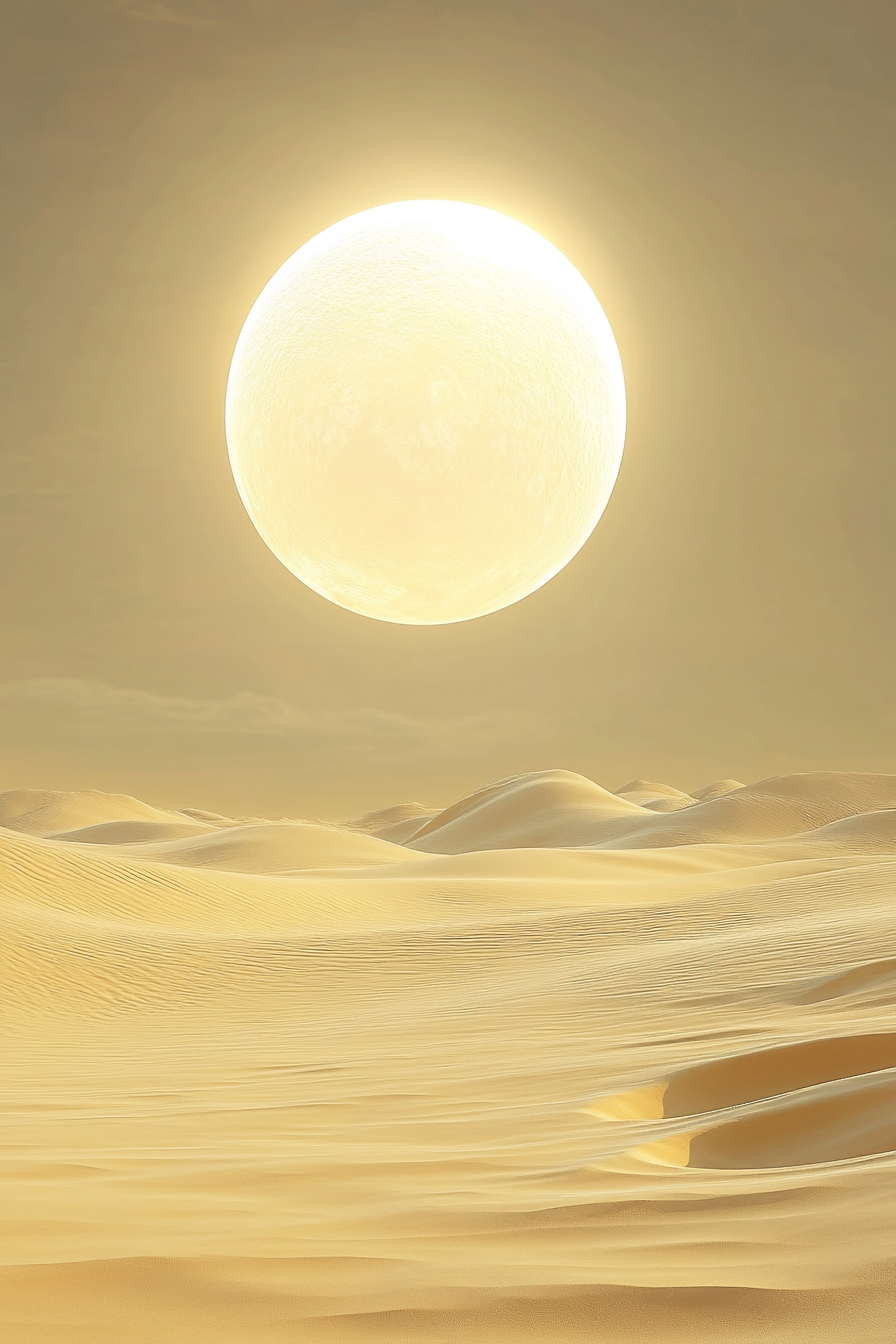 Surreal atmosphere with bright sky, yellow sand desert.