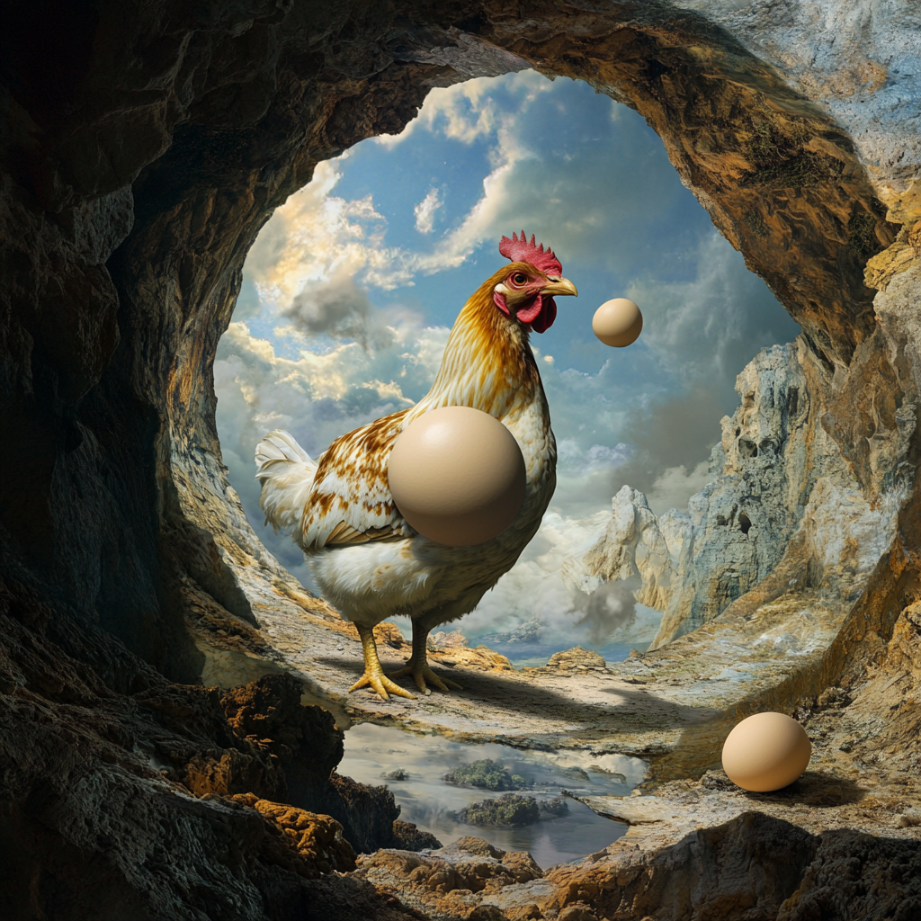 Surreal blend of chicken and egg in cyclical loop.