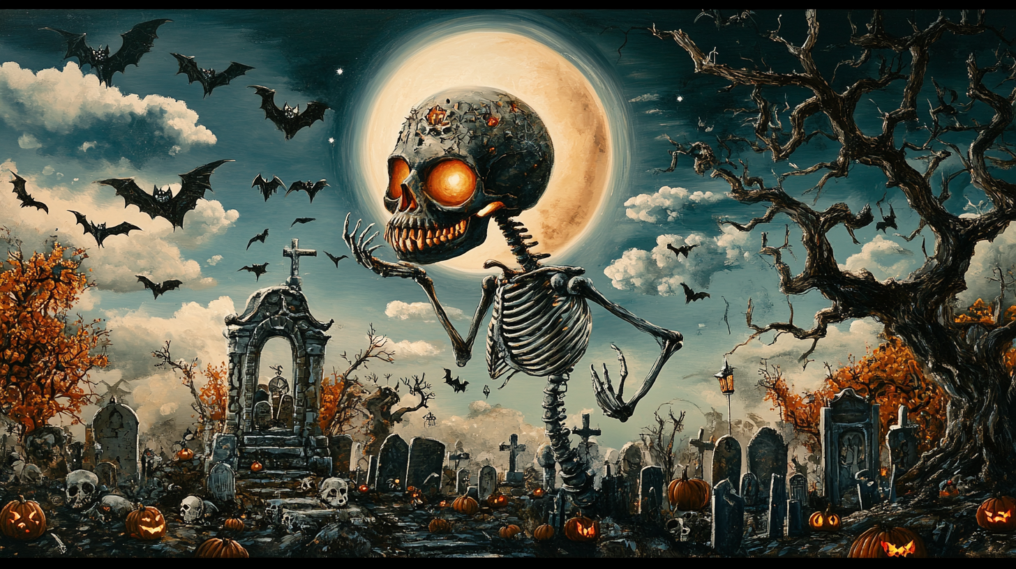 Surreal cat cemetery with evil skull, dancing skeletons, bats.