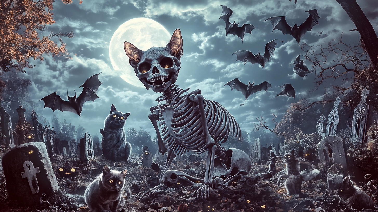 Surreal cat skull, dancing skeletons, bats, ghostly horror.