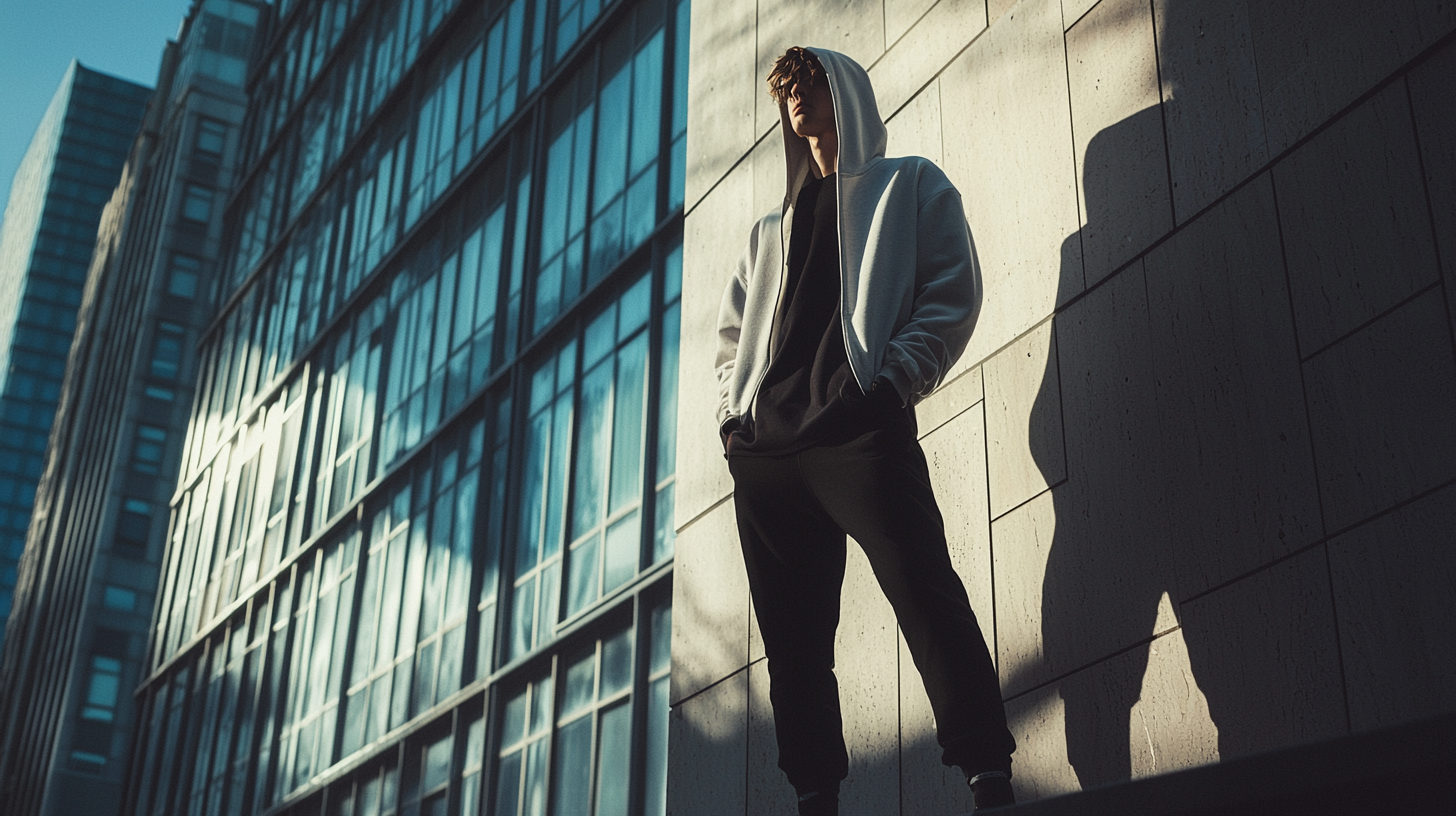 Surreal cityscape with long shadows, athletic clothing in Fuji.