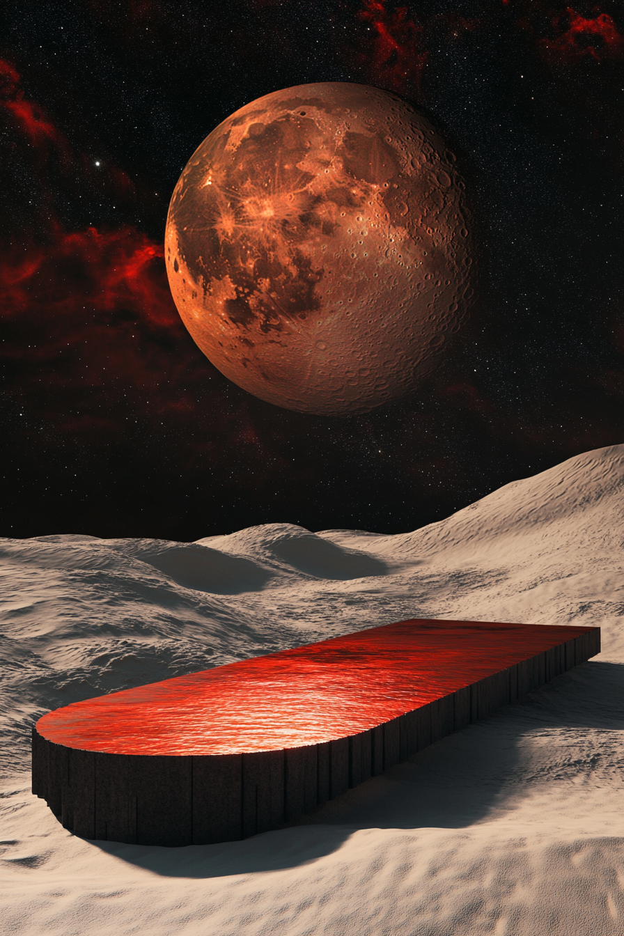 Surreal cosmic desert with red moon and night sky.