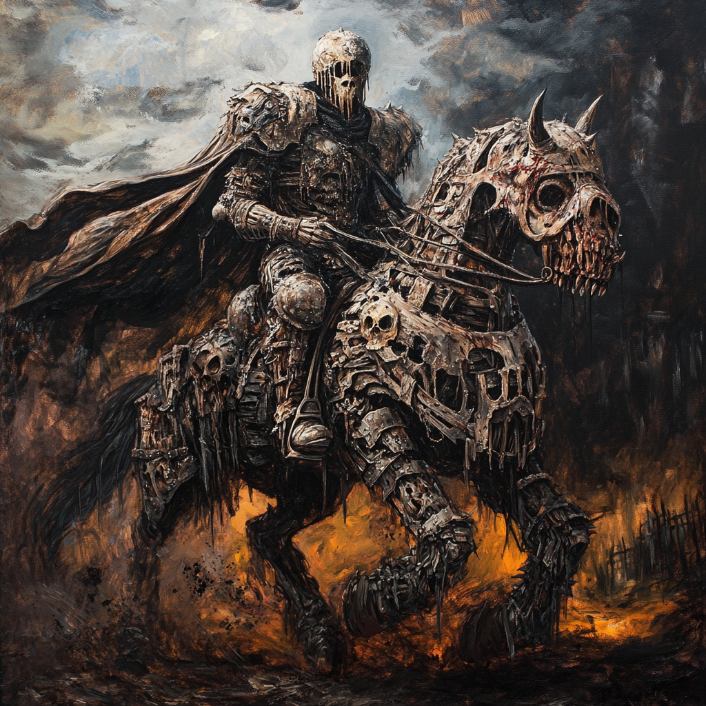 Surreal demonic knight riding terrifying demon horse