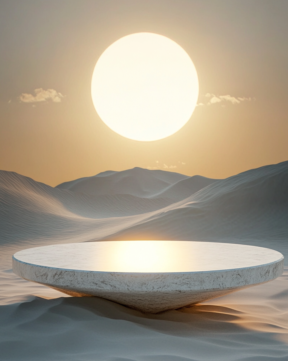 Surreal desert photo with crystal platform, sculpted sun, sunset.