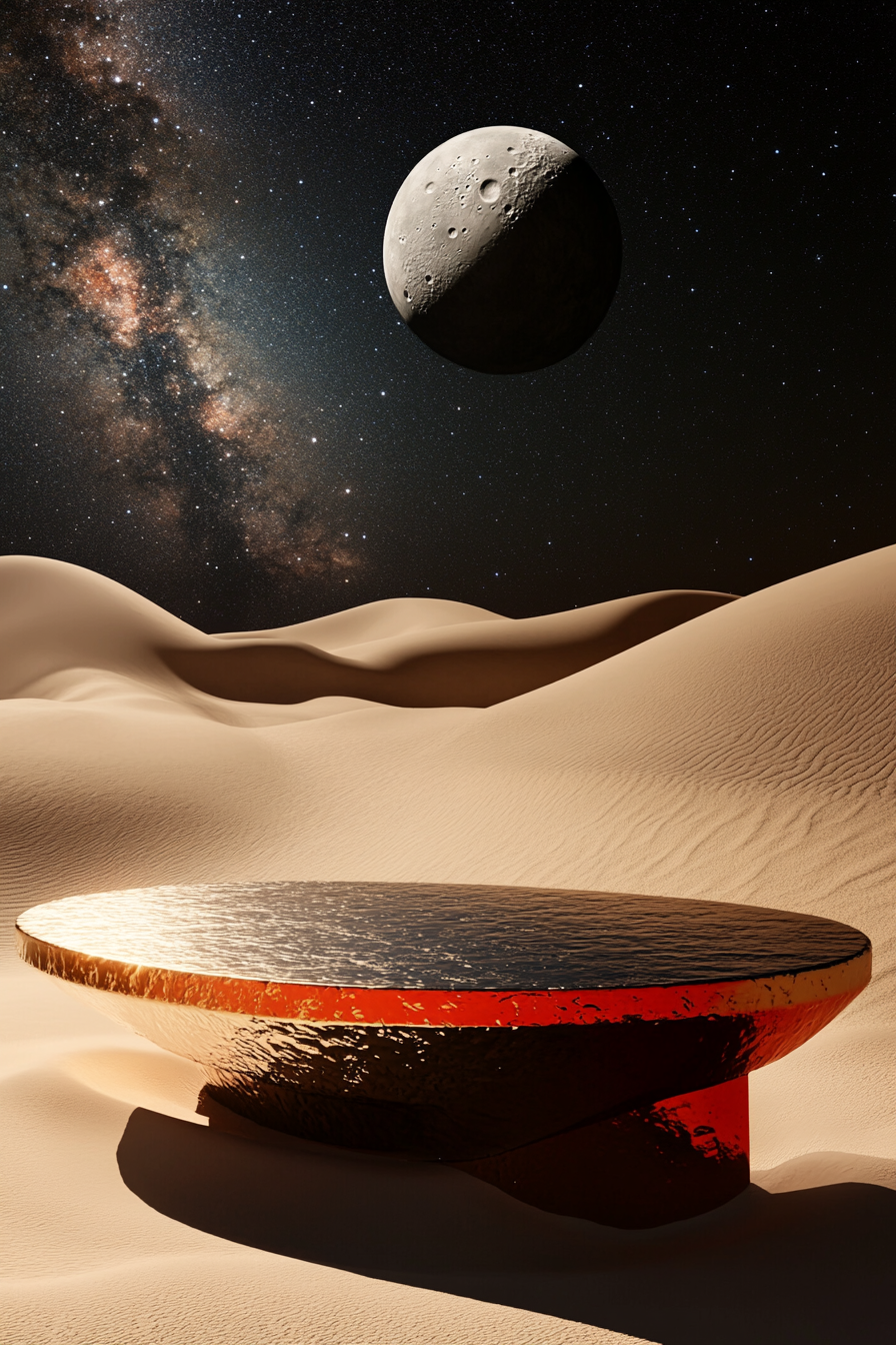 Surreal desert platform under moonlight with cosmic background.