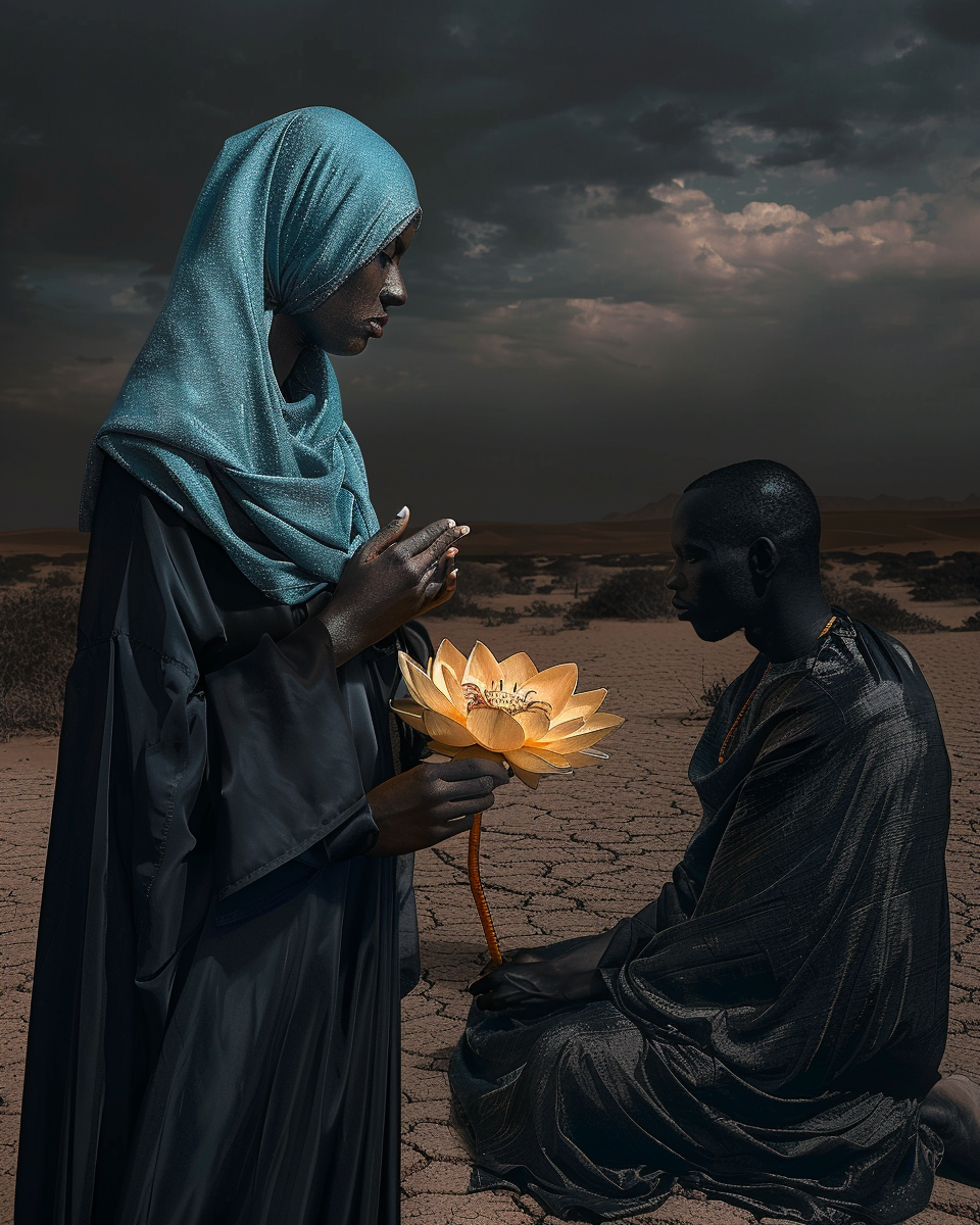 Surreal desert scene with woman, man, and lotus